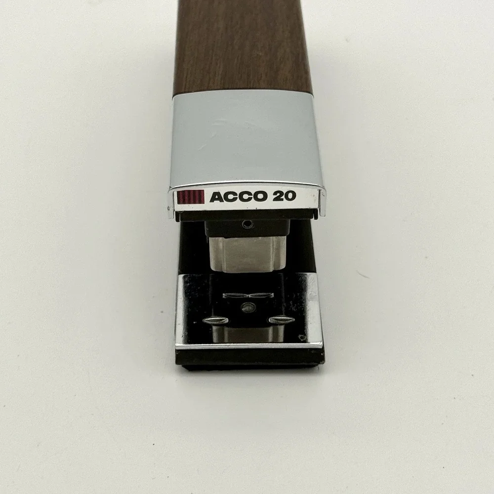 Vintage ACCO 20 Desk Stapler Faux Wood Grain Chrome Mid Century USA Working